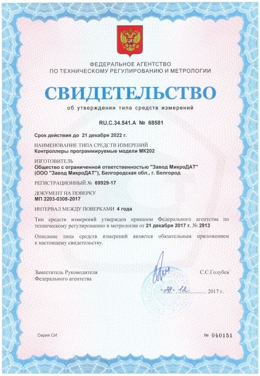 Свидетельство об утверждении типа средств измерений ПЛК МК202
